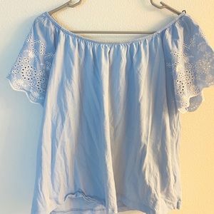Off the shoulder pastel blue shirt